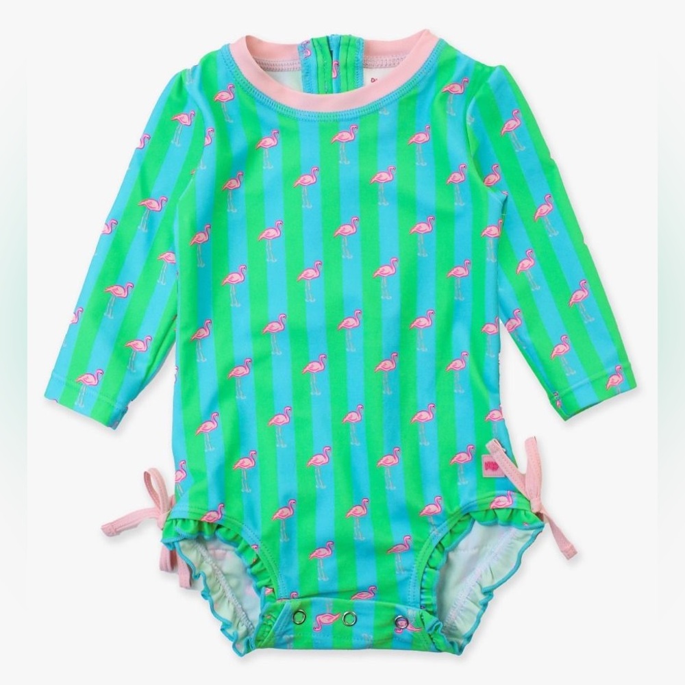 Ruffle Butts Green Flamingo Print Kids Swimwear - Picture 3 of 12